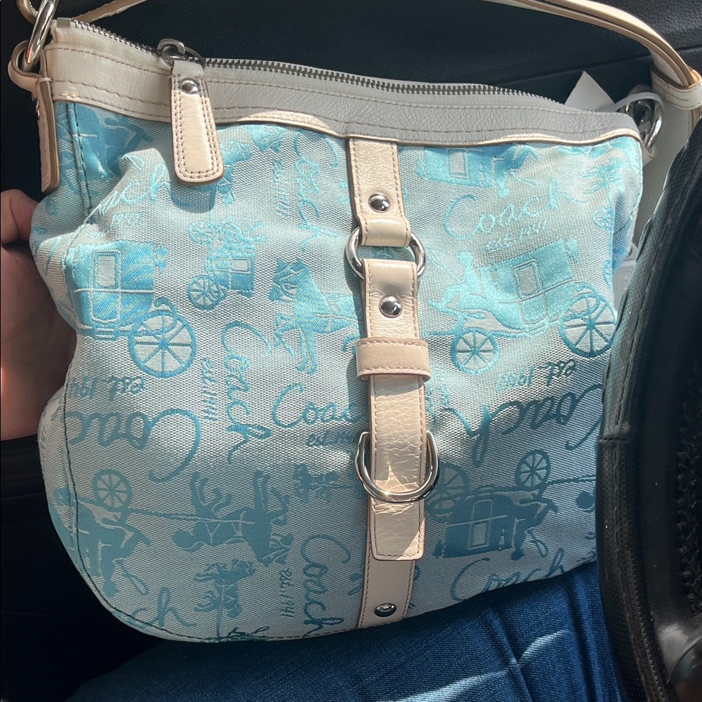 Coach Light Blue and Cream Shoulder Bag- Horse & Carriage Canvas Print-Rare